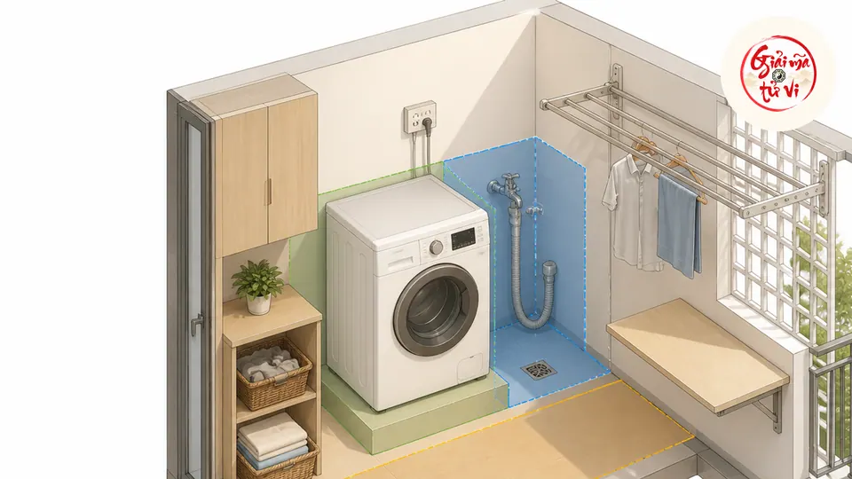 Sơ đồ khu giặt nhỏ với máy giặt, vùng cấp thoát nước, lối khô, giàn phơi, tủ hóa chất và bàn gấp đồ