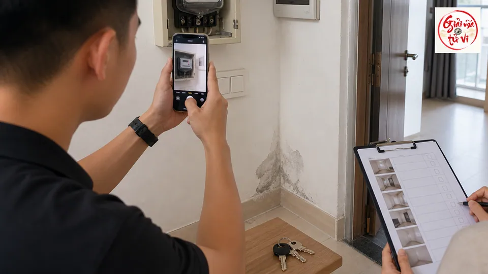 Người thuê chụp công tơ điện, vết ẩm và lập biên bản hiện trạng căn hộ khi nhận chìa khóa