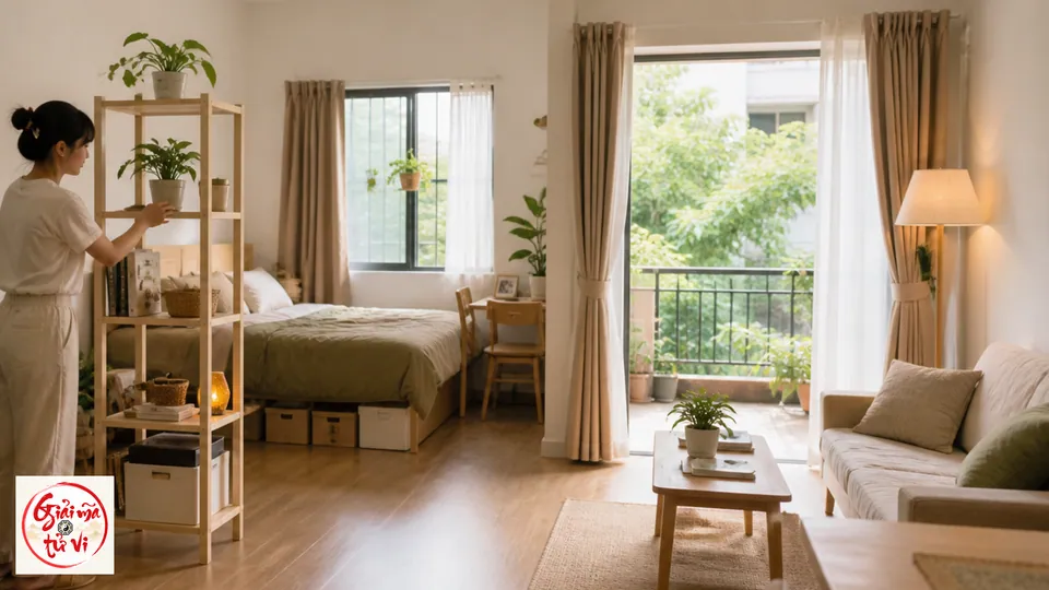 Căn hộ thuê nhỏ được phân khu bằng kệ rời, rèm, thảm và cây di động mà không khoan sửa