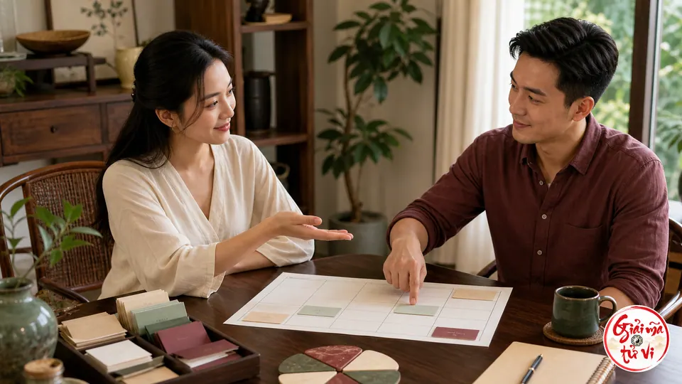 Hai người Việt Nam trao đổi trước sổ kế hoạch và các thẻ phạm vi, thời gian, nguồn lực