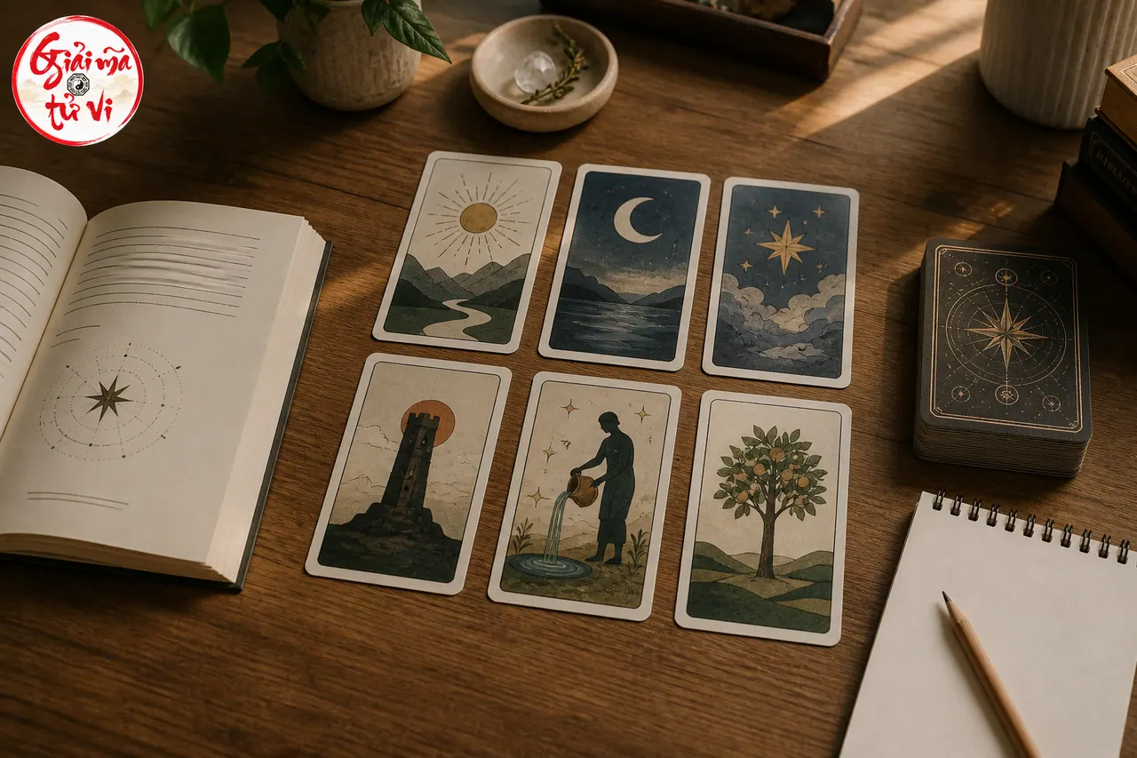 Sáu lá bài biểu tượng, sách hướng dẫn và sổ ghi chép dùng để làm quen bộ Tarot mới
