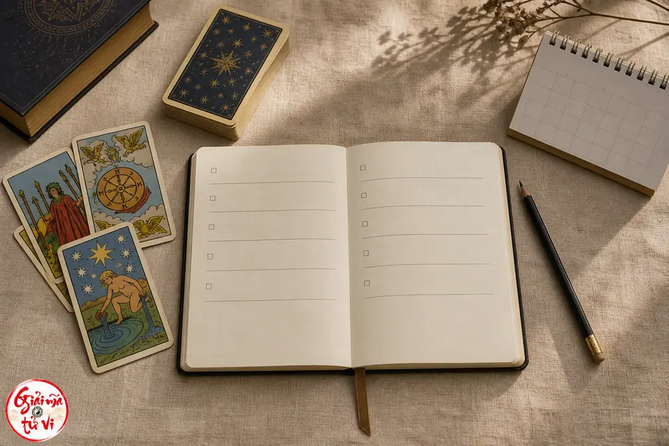 Sổ thực hành Tarot, ba lá bài và lịch dùng để hậu kiểm sau 30 ngày
