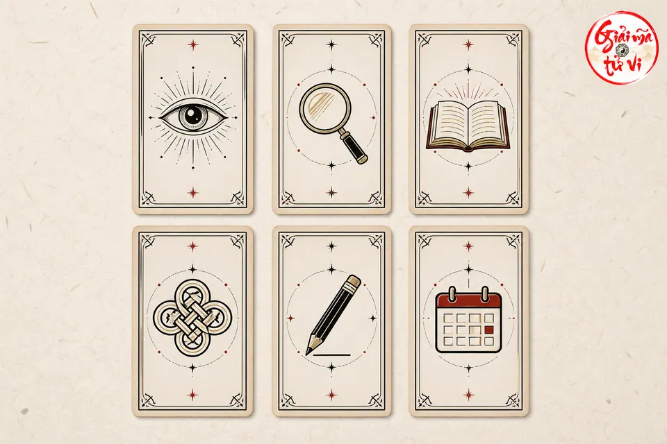Sơ đồ trải bài phỏng vấn bộ Tarot gồm sáu vị trí theo hai hàng