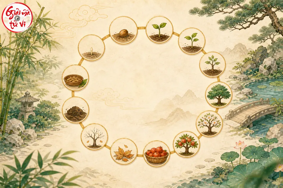 Chu kỳ mười hai điểm minh họa từ hạt giống, mầm cây, trưởng thành, kết quả, suy tàn đến ươm hạt lại