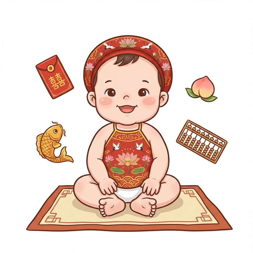 Em bé mặc áo đỏ ngồi trên tấm trải cạnh đồ chơi