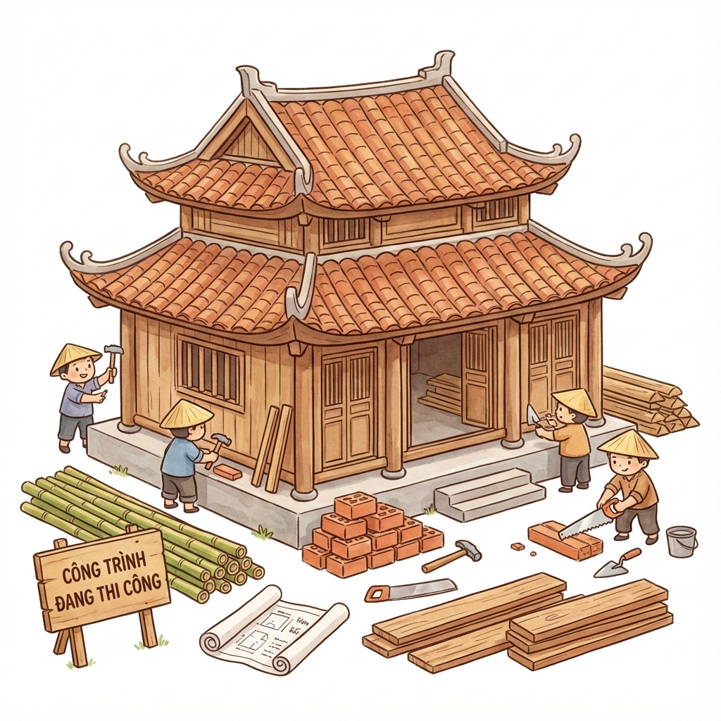Ngôi nhà mái ngói gỗ cùng các nhân vật đang xây dựng