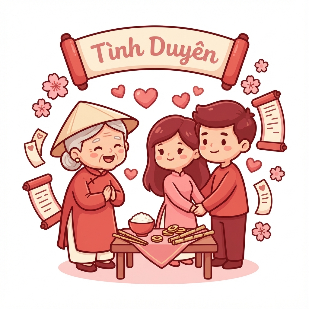Ba nhân vật bên bàn trà và tấm cuộn ghi Tình Duyên, quanh các trái tim