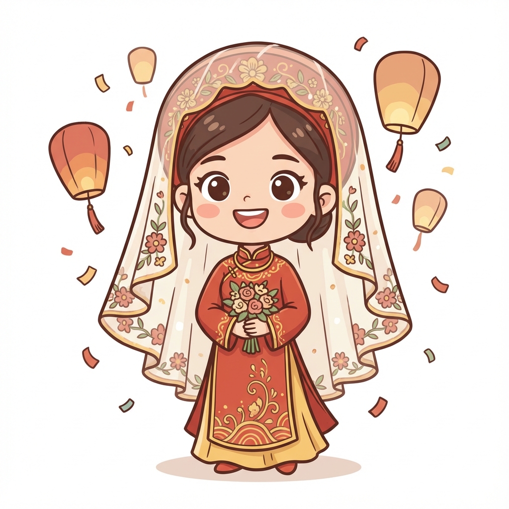 Cô dâu mặc áo đỏ bên đèn lồng và cành hoa