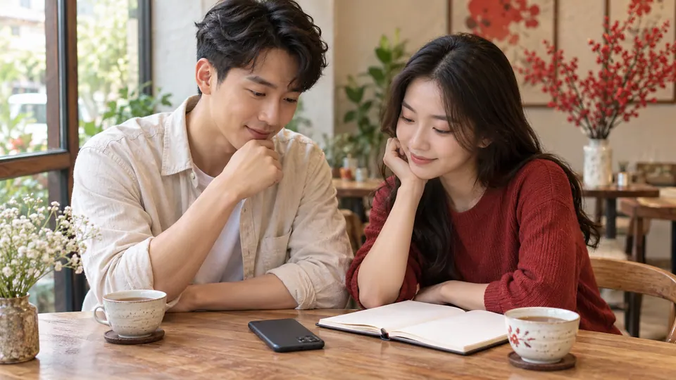Hai người cùng nhìn quyển sổ mở cạnh điện thoại úp và hai tách trà trên bàn