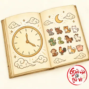 Cuốn sách mở có mặt đồng hồ không số, trăng và mười hai con giáp, logo Giải mã tử vi ở góc phải