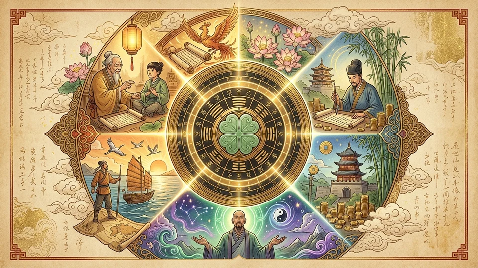 La bàn phong thủy và biểu tượng cỏ bốn lá hội tụ bốn trường may mắn: Quý nhân, Kỷ luật, Cơ hội mới và Trực giác