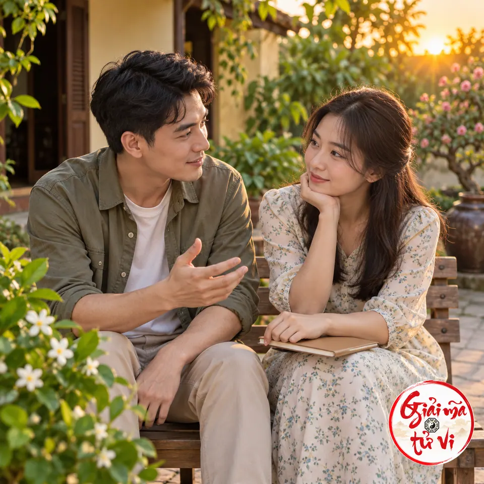 Hai người trò chuyện trên ghế gỗ trong sân vườn, cuốn sổ khép trên đùi người nữ