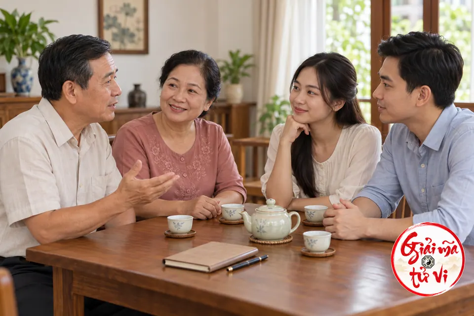 Cặp đôi và hai người lớn tuổi trò chuyện quanh bàn có ấm trà và cuốn sổ