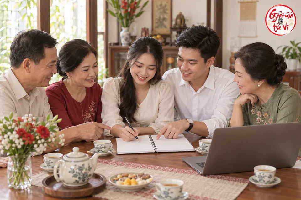 Cô dâu chú rể cùng cha mẹ hai bên ghi lại kế hoạch cưới bên bàn; logo Giải Mã Tử Vi ở góc phải trên