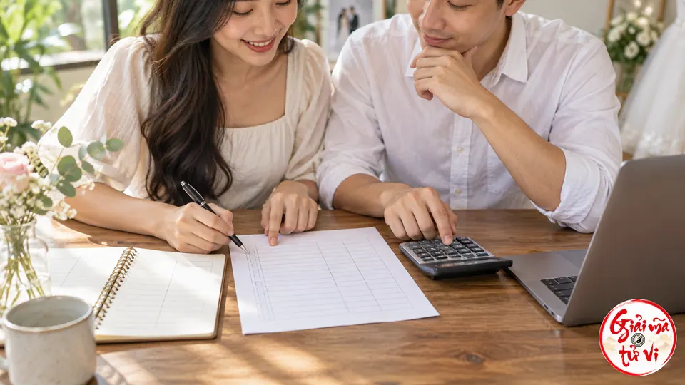 Cặp đôi kiểm tra tờ bảng trống bằng bút và máy tính cầm tay, logo ở góc phải dưới