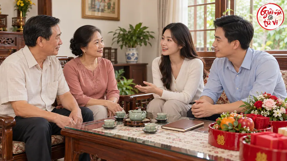 Cặp đôi cùng hai người lớn trò chuyện bên bộ ấm trà và tráp lễ nhỏ, logo ở góc phải trên