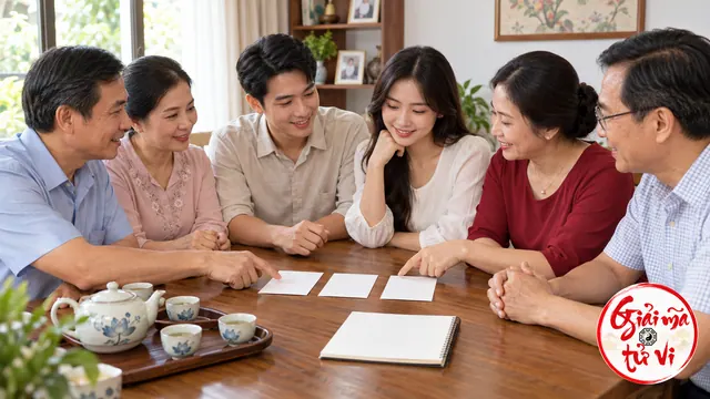 Cặp đôi và bốn người lớn cùng trao đổi quanh bàn trà có sổ và các thẻ trơn
