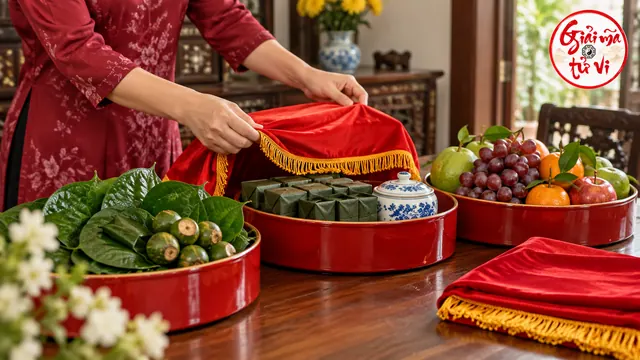 Tráp đỏ đựng trầu cau, trà và trái cây bên tay đang xếp khăn phủ