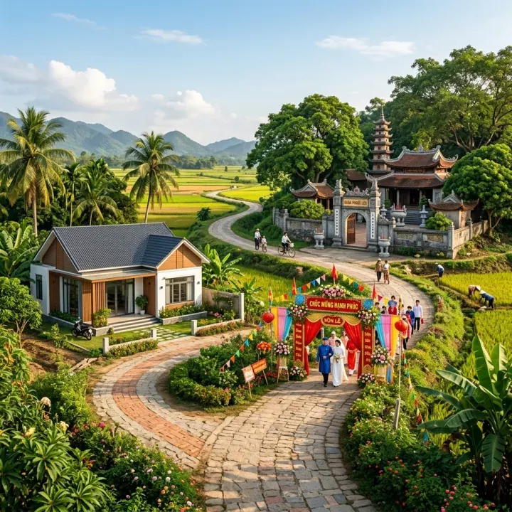 Đường làng, cổng hôn lễ và ngôi chùa giữa ruộng cây xanh