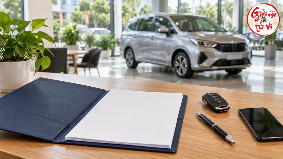 Bìa hồ sơ mở có giấy trắng, chìa khóa, bút và điện thoại trên bàn, xe bạc phía sau