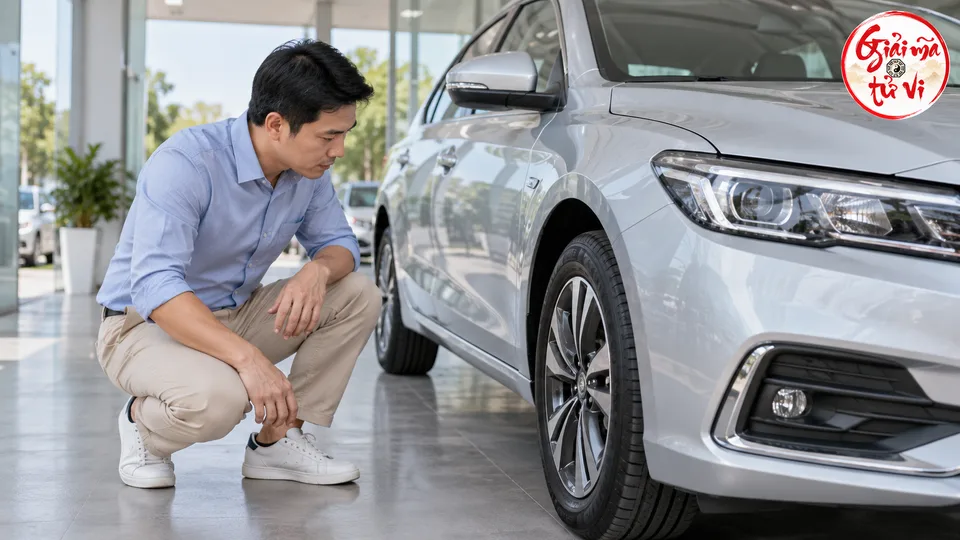 Người ngồi xổm cạnh bánh trước ô tô bạc, nhìn mặt lốp trong khu bàn giao