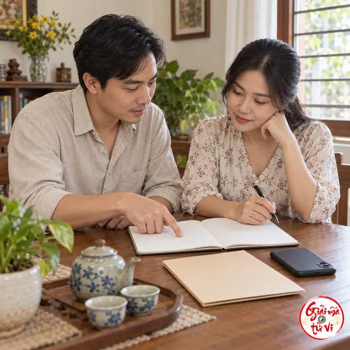 Hai người cùng nhìn vào sổ mở trên bàn gỗ, cạnh bìa hồ sơ và điện thoại.