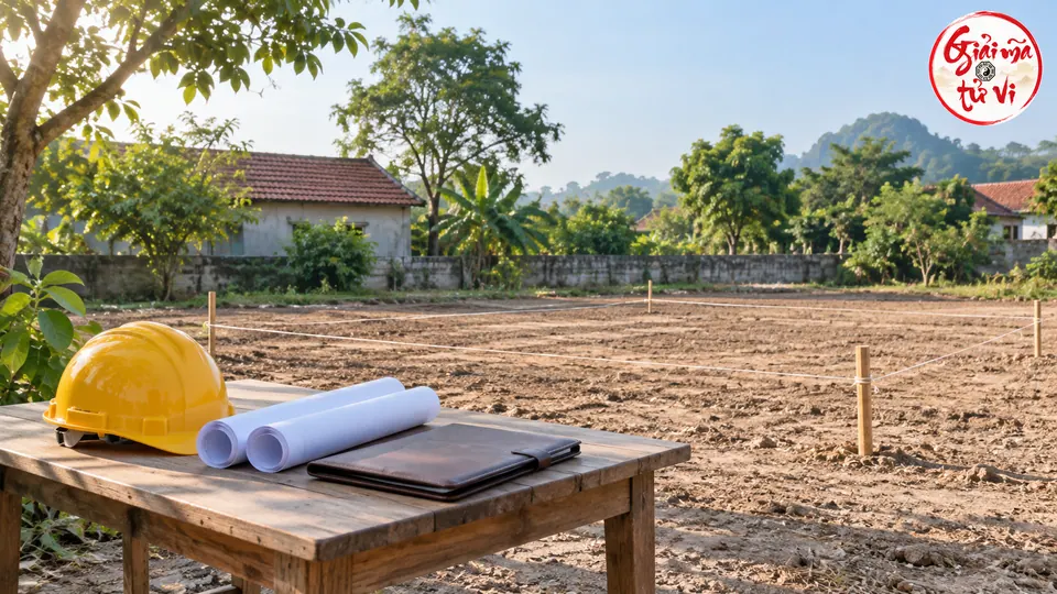 Mũ bảo hộ, giấy cuộn và bìa hồ sơ trên bàn cạnh khu đất có cọc căng dây