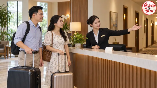 Hai khách mang vali trao đổi với lễ tân khách sạn