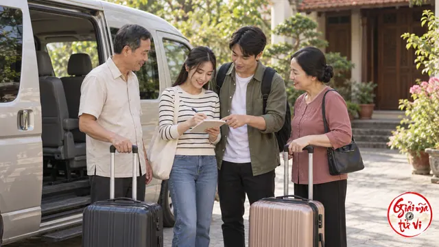Cặp đôi và hai người lớn trao đổi bên xe đã đỗ và hai vali