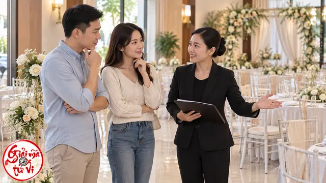 Cặp đôi trao đổi với người phụ trách địa điểm có ghế và hoa chuẩn bị đón khách