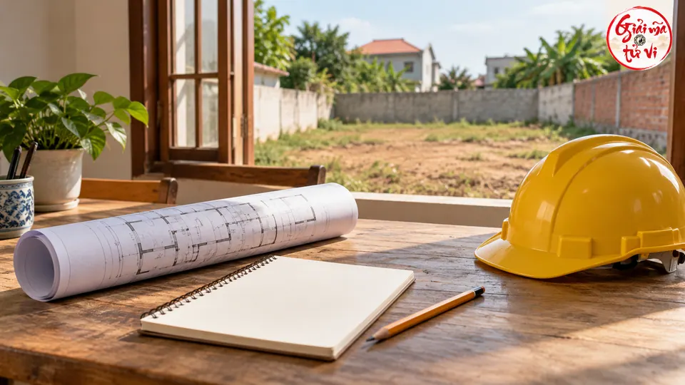 Bản vẽ cuộn, sổ trống, bút và mũ bảo hộ vàng bên cửa sổ nhìn ra khoảng đất