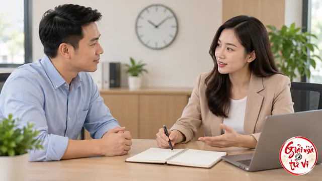 Hai người trao đổi qua bàn có sổ trống và máy tính, phía sau có đồng hồ