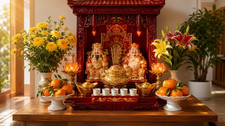 Bàn thờ Thần Tài Thổ Địa và góc quầy thu ngân bài trí gọn gàng theo thế Tụ Tài phong thủy