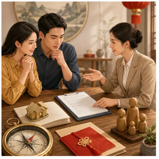 Ba người trao đổi bên tờ giấy kẹp, mô hình nhà, la bàn và tượng gỗ nhỏ
