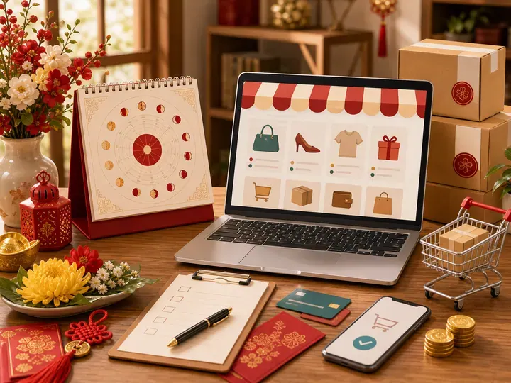 Laptop có hình giỏ hàng và sản phẩm cạnh điện thoại, hộp giấy, lịch hình tròn và hoa