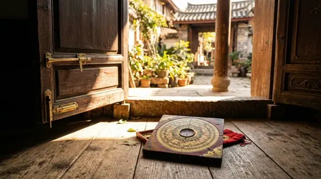 La bàn vuông đặt trên sàn gỗ cạnh ngưỡng cửa mở ra sân