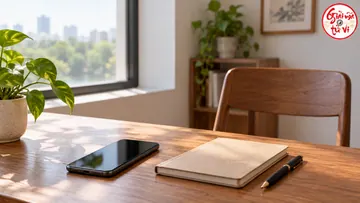 Điện thoại màn hình tối, sổ đóng và bút trên bàn gỗ cạnh ghế trống; logo góc trên phải