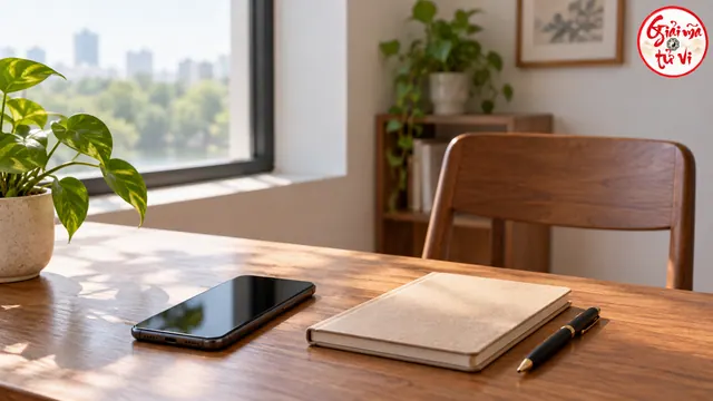 Điện thoại màn hình tối, sổ đóng và bút trên bàn gỗ cạnh ghế trống; logo góc trên phải
