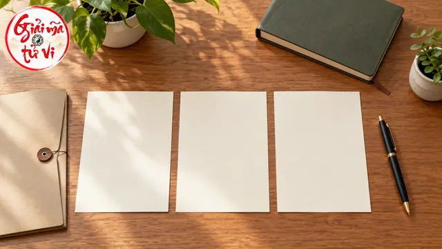 Ba tờ giấy trống đặt thành hàng cạnh bút, bìa hồ sơ và sổ đóng; logo góc trên trái