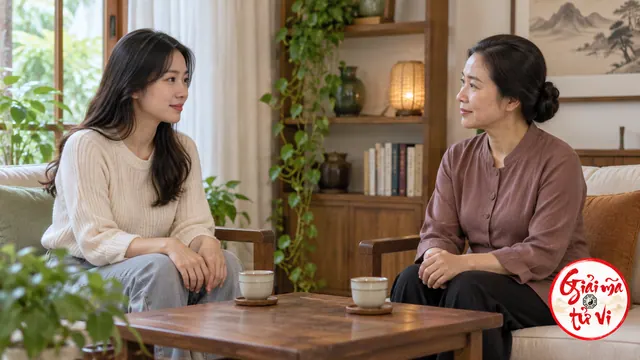 Hai phụ nữ ngồi đối diện qua bàn trà, mỗi người có hai tay đặt trên đùi; logo góc dưới phải