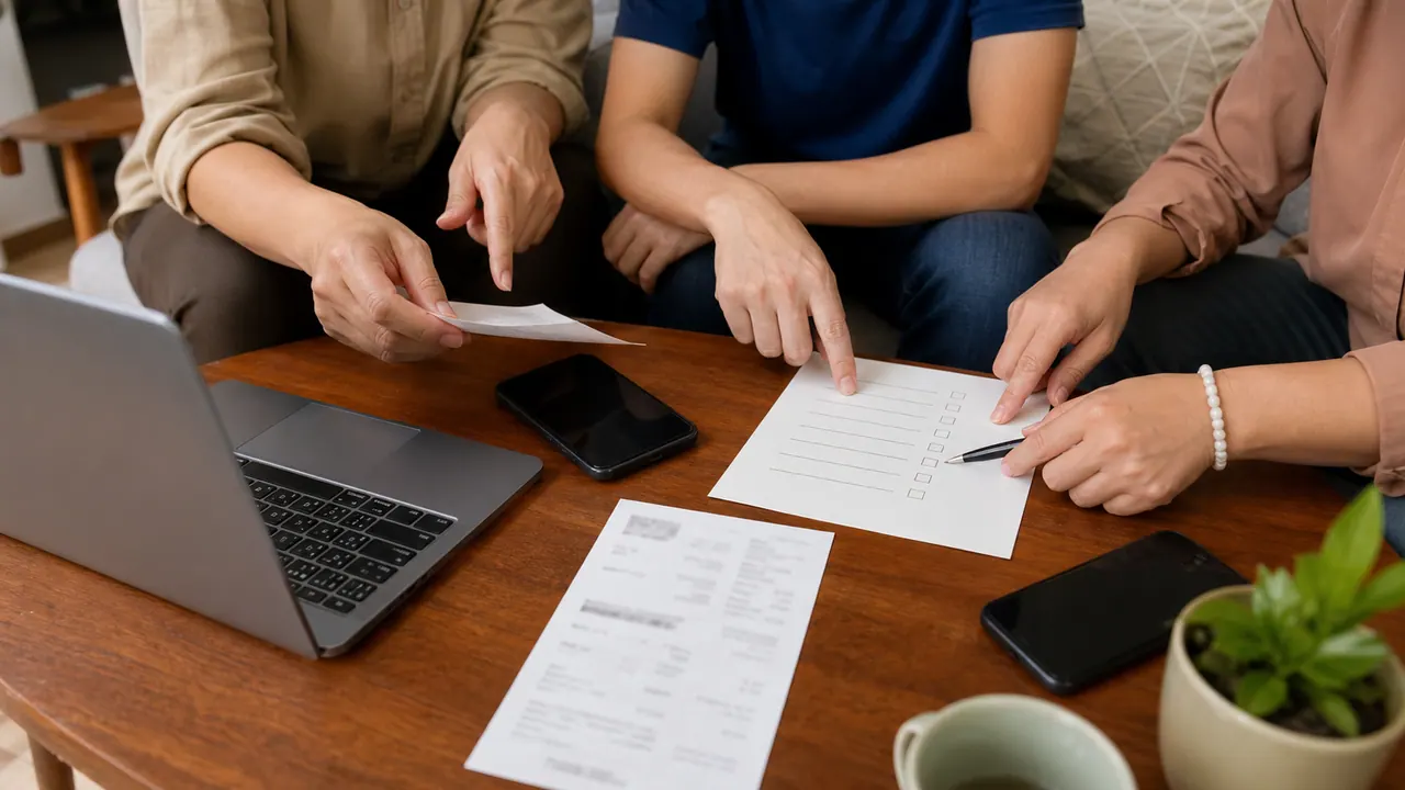 Ba người cùng xem giấy trên bàn có máy tính, điện thoại và chén trà