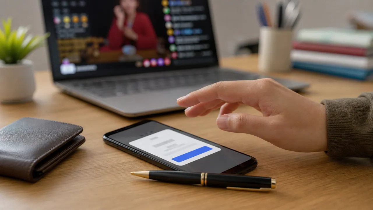 Bàn tay đưa trên điện thoại có hộp thoại mờ và nút xanh, cạnh ví và laptop đang hiện video