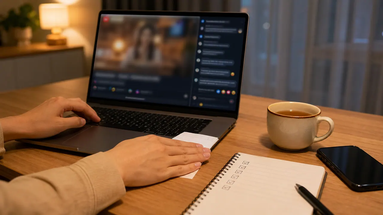 Hai bàn tay cạnh laptop đang hiện video và cột bình luận mờ, một tay che tờ giấy; trên bàn có sổ và điện thoại