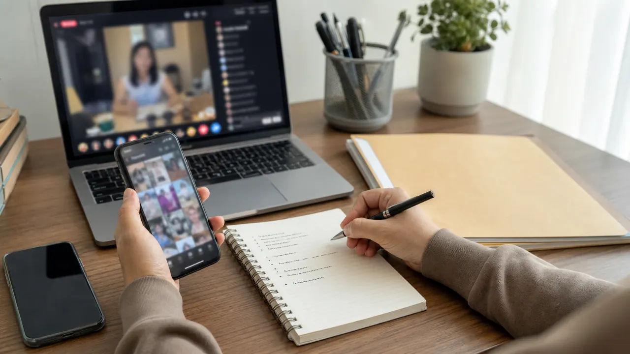 Một tay cầm điện thoại có lưới ảnh, tay kia ghi sổ cạnh laptop hiện video và bìa hồ sơ