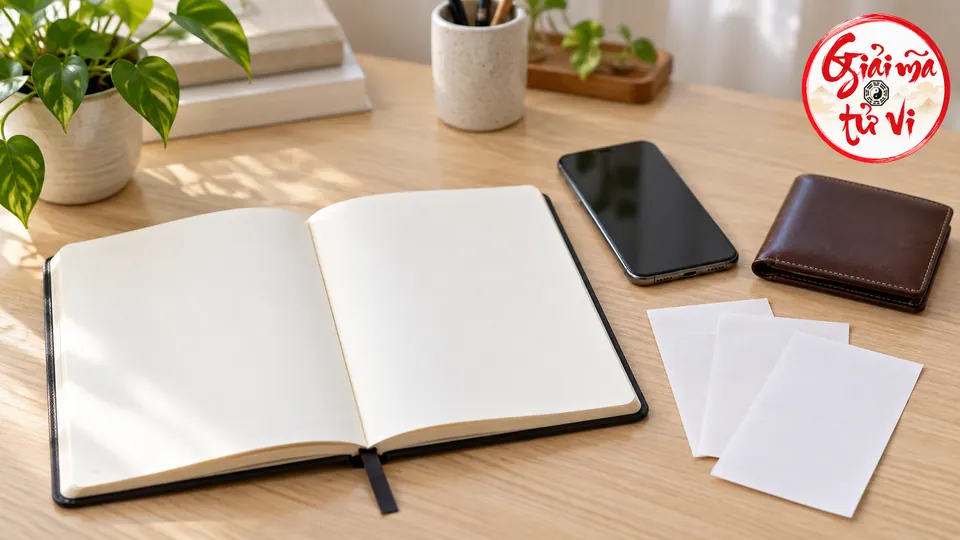 Sổ mở và ba tờ giấy trống cạnh điện thoại màn hình tối, ví đóng và logo góc trên phải