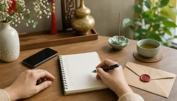 Hai tay đặt bên sổ có dòng và ô đánh dấu trống, bút, điện thoại màn hình tối và vật dụng trên bàn