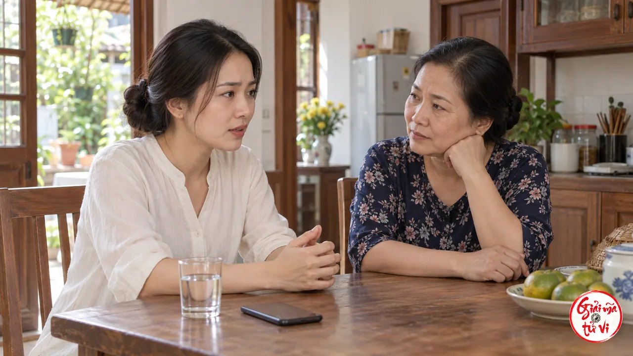 Hai phụ nữ ngồi trò chuyện tại bàn bếp, một người lắng nghe; trên bàn có cốc nước và điện thoại