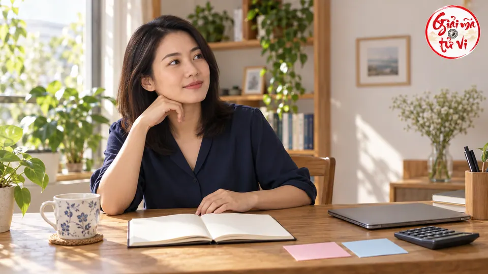 Người phụ nữ ngồi bên sổ mở để trống, hai thẻ màu, máy tính đóng và máy tính cầm tay trên bàn gỗ