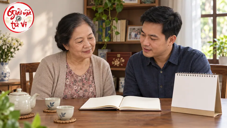 Người phụ nữ lớn tuổi và người đàn ông ngồi bên sổ mở, lịch bàn trống cùng ấm và hai chén trà