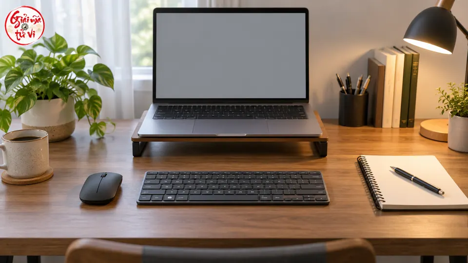 Laptop trên kệ phía sau bàn phím rời, chuột ở bên trái, sổ trắng và đèn bên phải trên bàn gỗ